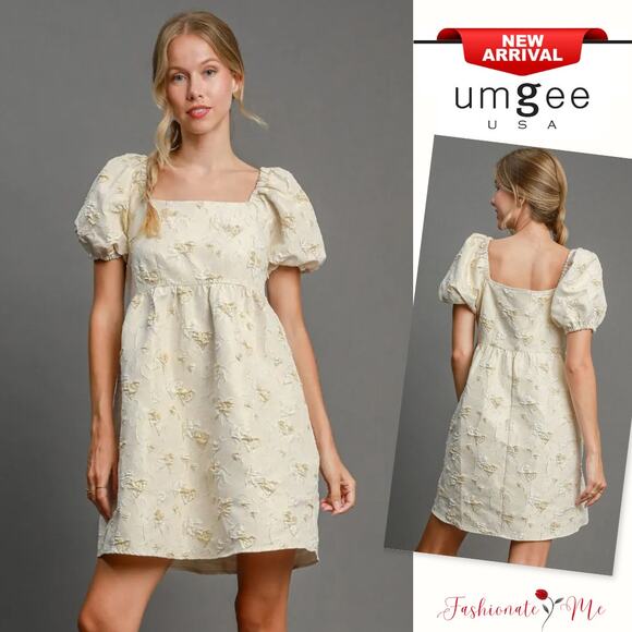 Umgee Heart Jacquard Pattern Square Neck Short Puff Sleeves Mini Dress | Cream - Picture 1 of 4